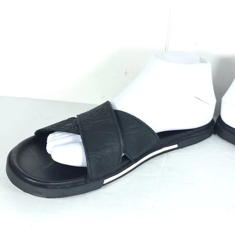 UGG Men's Brookside US 7 Black Leather Criss Cross Flat Slide Sandals Shoes